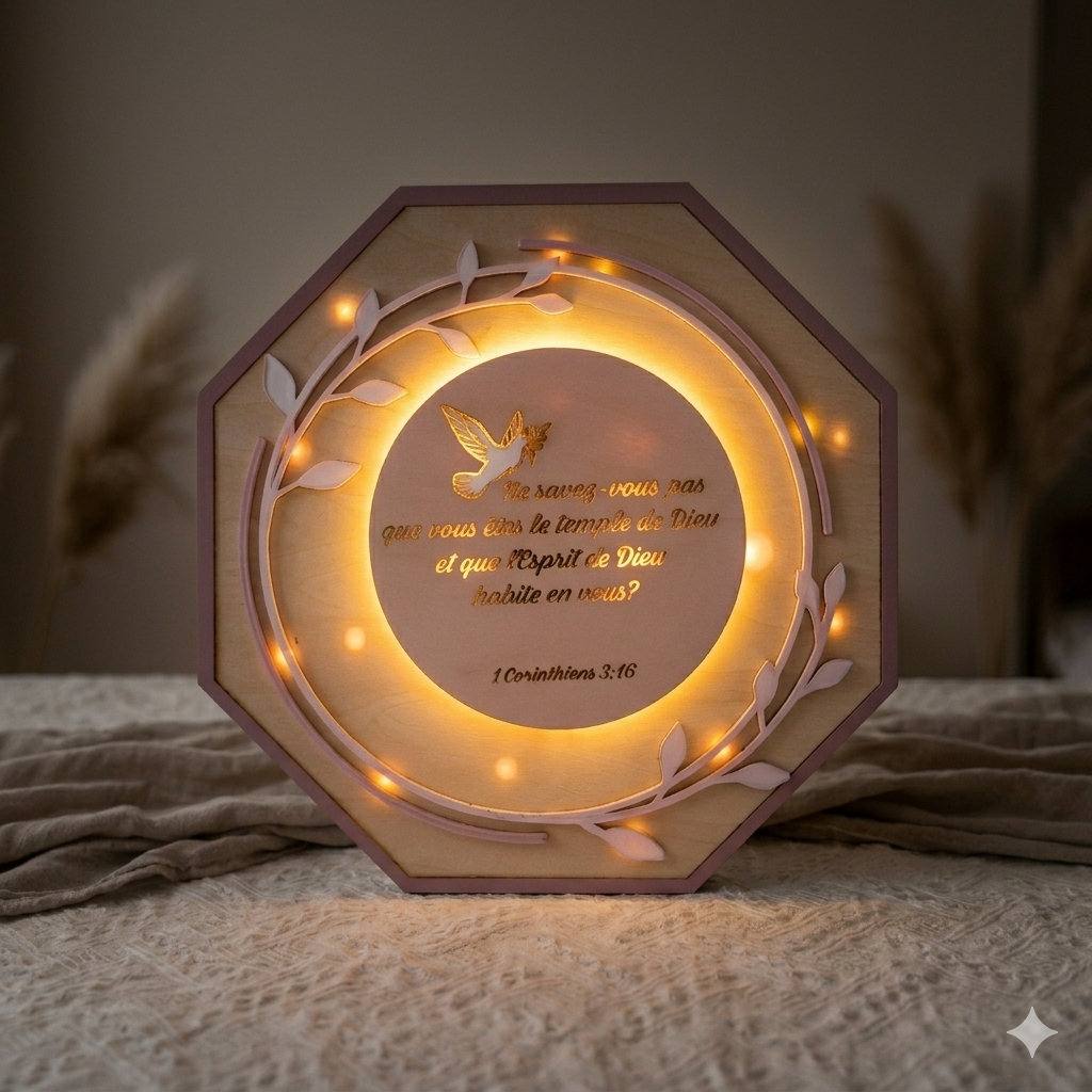 💡 Veilleuse en Bois Artisanale – Illuminez la Foi de Votre Foyer
